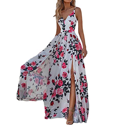 Onsoyours Sommerkleid Damen Sexy V-Ausschnitt Ärmellos Lang Maxikleid Spaghetti Strap Kleider Langes Freizeitkleider Blumenkleid Sommer Strandkleid A Weiß M von Onsoyours