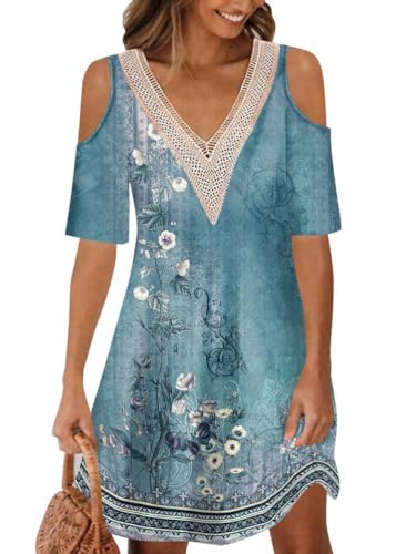 Onsoyours Sommerkleid Damen Spitze Kurzarm Kalter Schulterärmel Minikleid Elegant Vintage Strandkleider Blumenmuster Freizeitkleid V-Ausschnitt Partykleid A-Linie Kleider 01 Blau L von Onsoyours