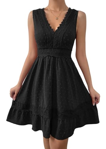 Onsoyours Sommerkleid Damen Spitze V-Ausschnitt Ärmellos Elegant Abendkleider Boho Swing Strandkleid A-Linie Kurz Cocktailkleid Party Beach Mini Freizeitkleider A Schwarz XS von Onsoyours