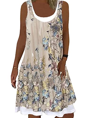 Onsoyours Sommerkleid Damen U-Ausschnitt Midi Ärmellos Knielang Boho A-Linie Kleid Casual Strand Kleider Lose Minikleid Strandkleider T-Shirt Kleid C Aprikose XL von Onsoyours