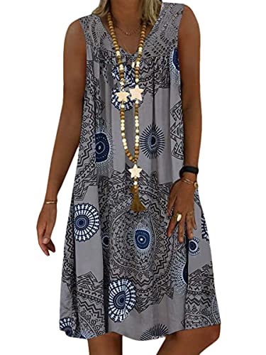 Onsoyours Sommerkleid Damen V-Ausschnitt Spitze Druck Strandkleid A-Linie Kleid Boho Knielang Ärmellos Kleider T-Shirt Kleid Longshirt Tanktops D Grau 48 von Onsoyours