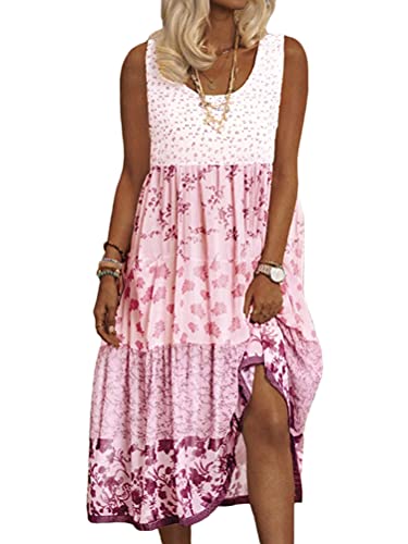 Onsoyours Sommerkleid Damen V-Ausschnitt Spitze Druck Strandkleid A-Linie Kleid Boho Knielang Kleider Ärmellos T-Shirt Kleid Longshirt Tanktops C Rosa 40 von Onsoyours