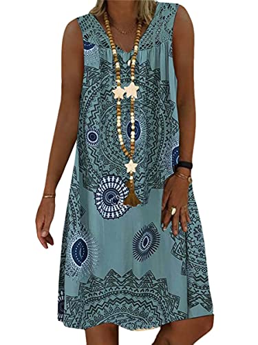 Onsoyours Sommerkleid Damen V-Ausschnitt Spitze Druck Strandkleid A-Linie Kleid Boho Knielang Kleider Ärmellos T-Shirt Kleid Longshirt Tanktops D Grün 40 von Onsoyours