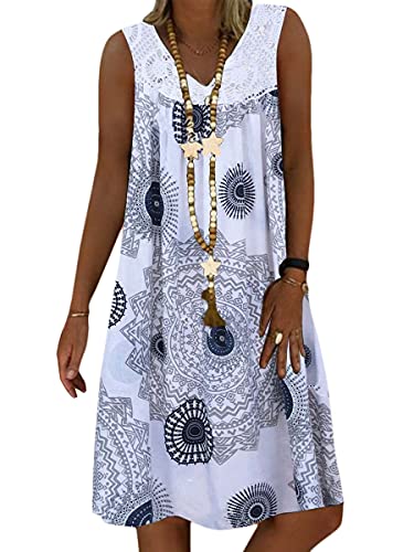 Onsoyours Sommerkleid Damen V-Ausschnitt Spitze Druck Strandkleid A-Linie Kleid Boho Knielang Kleider Ärmellos T-Shirt Kleid Longshirt Tanktops D Weiß 40 von Onsoyours