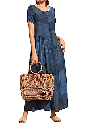 Onsoyours Sommerkleid Kurzarm Damen Baumwolle Leinenkleider Gestreift Rundhals Maxikleid A-Linie Tunika Kleid Lose Casual Strandkleid Mit Taschen Casual Boho Lang Kleider Freizeitkleid 01 Blau 48 von Onsoyours