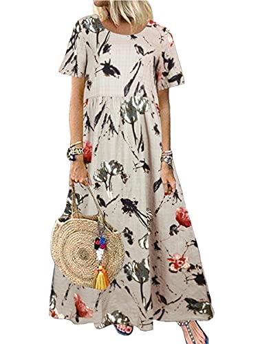 Onsoyours Sommerkleid Leinen Kleider Damen Casual V-Ausschnitt Maxi Kleid Strandkleider A-Linie Kleid Boho Lange Kleider X Beige 46 von Onsoyours