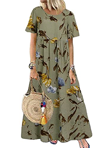 Onsoyours Sommerkleid Leinen Kleider Damen Casual V-Ausschnitt Maxi Kleid Strandkleider A-Linie Kleid Boho Lange Kleider X Grün 48 von Onsoyours