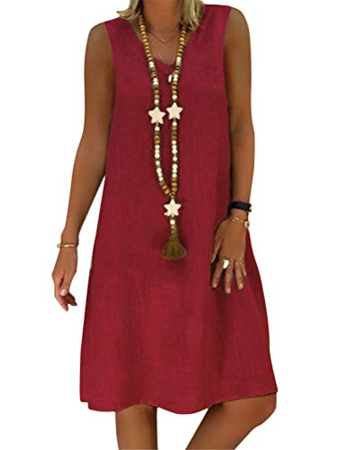 Onsoyours Sommerkleid Leinen Kleider Damen V-Ausschnitt Strandkleider Einfarbig A-Linie Kleid Boho Knielang Kleid Casual Kurzarm Locker Minikleider (46, C Rot) von Onsoyours