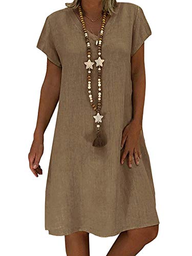 Onsoyours Sommerkleid Leinen Kleider Damen V-Ausschnitt Strandkleider Einfarbig A-Linie Kleid Boho Knielang Kleid Casual Kurzarm Locker Minikleider (DE 44, A Khaki) von Onsoyours