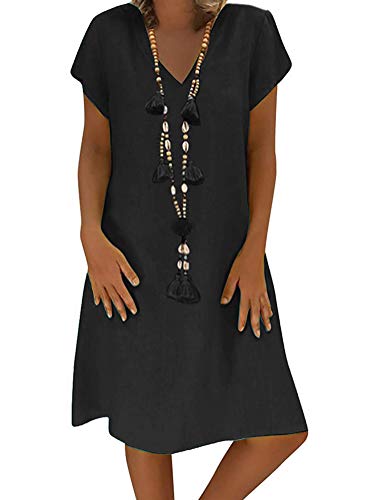 Onsoyours Sommerkleid Leinen Kleider Damen V-Ausschnitt Strandkleider Einfarbig A-Linie Kleid Boho Knielang Kleid Casual Kurzarm Locker Minikleider (DE 46, A Schwarz) von Onsoyours