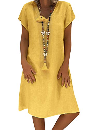 Onsoyours Sommerkleid Leinen Kleider Damen V-Ausschnitt Strandkleider Einfarbig A-Linie Kleid Boho Knielang Kleid Ohne Zubehör A Gelb DE 46 von Onsoyours