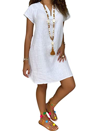 Onsoyours Sommerkleid Leinen Kleider Damen V-Ausschnitt Strandkleider Einfarbig Boho Casual Rundhals Minikleid Tunika Weiß 50 von Onsoyours
