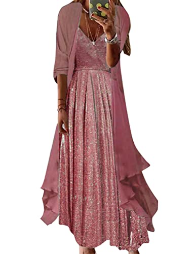 Onsoyours Sommerkleider Damen Chiffon Blumen Drucken Kleid Elegent 2-teiliges Maxikleid und Cardigan Cocktailkleid Partykleid Brautjungfernkleider Maxi Langes Kleider Strandkleider C Rot XL von Onsoyours