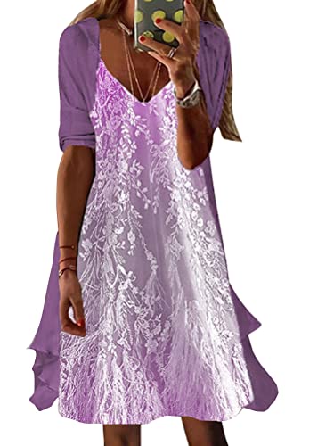 Onsoyours Sommerkleider Damen Chiffon Blumen Drucken Kleid Elegent 2-teiliges Maxikleid und Cardigan Cocktailkleid Partykleid Brautjungfernkleider Maxi Langes Kleider Strandkleider E Violett04 3XL von Onsoyours