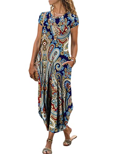 Onsoyours Sommerkleider Damen Kleid Elegant Schulterfrei Rundhals Spitzen Strandkleider T-Shirt Lang Kleider Boho Bedrucktes Freizeitkleider Einfarbiges Lose Maxikleid J Blau M von Onsoyours