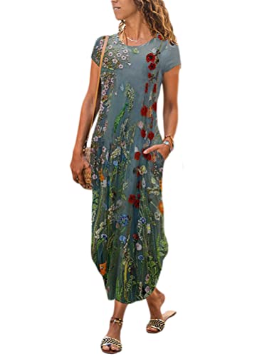 Onsoyours Sommerkleider Damen Kleid Elegant Schulterfrei Rundhals Spitzen Strandkleider T-Shirt Lang Kleider Boho Bedrucktes Freizeitkleider Einfarbiges Lose Maxikleid J Grün 02 L von Onsoyours