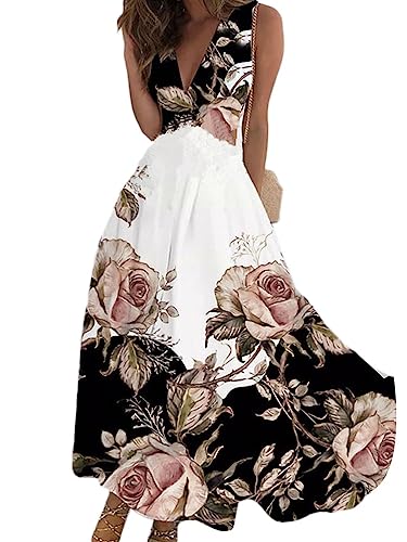 Onsoyours Sommerkleider Damen Sexy Lässig V-Ausschnitt Ärmellos Blumendruck A-Linie Kleid Maxikleid Partykleid Freizeitkleid Strandkleider Hohe Taille Sommer C13 Schwarz S von Onsoyours