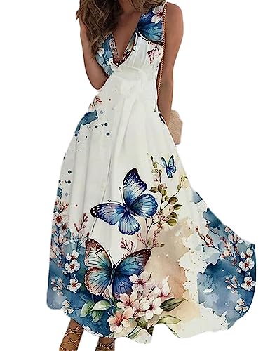 Onsoyours Sommerkleider Damen Sexy Lässig V-Ausschnitt Ärmellos Blumendruck A-Linie Kleid Maxikleid Partykleid Freizeitkleid Strandkleider Hohe Taille Sommer C14 Blau 3XL von Onsoyours