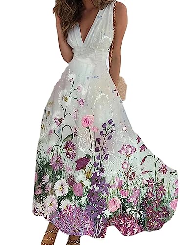 Onsoyours Sommerkleider Damen Sexy Lässig V-Ausschnitt Ärmellos Blumendruck A-Linie Kleid Maxikleid Partykleid Freizeitkleid Strandkleider Hohe Taille Sommer C15 Violett M von Onsoyours