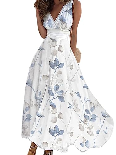 Onsoyours Sommerkleider Damen Sexy Lässig V-Ausschnitt Ärmellos Blumendruck A-Linie Kleid Maxikleid Partykleid Freizeitkleid Strandkleider Hohe Taille Sommer C24 Weiß XL von Onsoyours