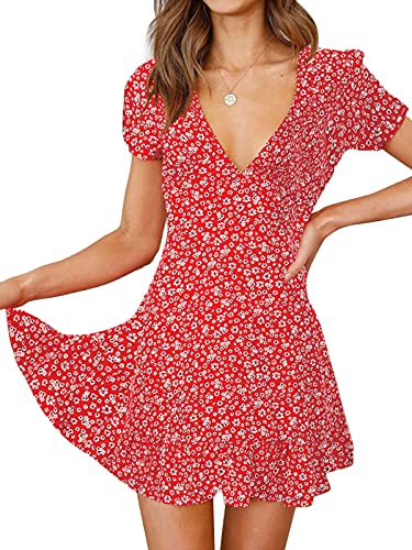 Onsoyours Sommerkleider Damen V-Ausschnitt Blusenkleid Minikleid Langarm Boho Blumendruck Knielanges Kleid A Rot XXL von Onsoyours