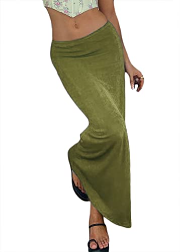 Onsoyours Sommerrock Damen Maxirock Y2K Vintage Retro Lange Röcke Einfarbig Casual Elegante Freizeitrock Niedrige Taille Skirt Lang Partyrock Strandrock A Grün M von Onsoyours