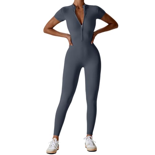 Onsoyours Sport Jumpsuit Lang Damen Eng Yoga Einteiler Overall Kurzarm V-Ausschnitt Playsuits mit Reißverschluss Jogging Strampler Trainingsanzug A Dunkelblau M von Onsoyours