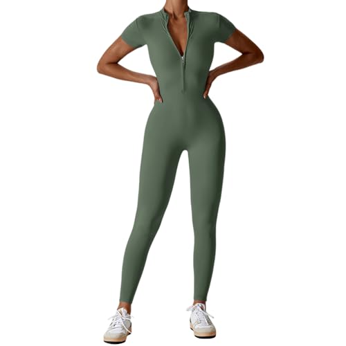 Onsoyours Sport Jumpsuit Lang Damen Eng Yoga Einteiler Overall Kurzarm V-Ausschnitt Playsuits mit Reißverschluss Jogging Strampler Trainingsanzug A Grün XS von Onsoyours