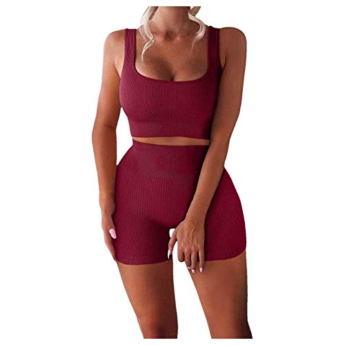 Onsoyours Sportanzug Damen Traingsanzug Sommer 2 Stücke Set Outfit Sport Sportanzug Bauchfrei Crop Top+ Sport Shorts Set Yoga Outfit Sportswear Weinrot XS von Onsoyours