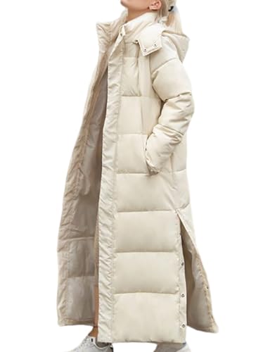 Onsoyours Steppmantel Damen Lang Wintermantel Daunenjacke Warme Daunenmantel Elegant Verdickt Steppjacke mit Kapuze Winterjacke A Beige XS von Onsoyours