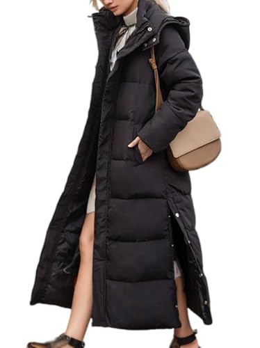 Onsoyours Steppmantel Damen Lang Wintermantel Daunenjacke Warme Daunenmantel Elegant Verdickt Steppjacke mit Kapuze Winterjacke A Schwarz XS von Onsoyours
