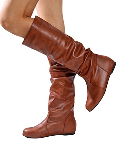 Onsoyours Stiefel Frauen Langer Knöchel Slip On Schuhe Langschaftstiefel Kniehoch Klassisch Stiefeletten mit Niedrigem Absatz Frauen Freizeitschuhe Winter Herbst Braun 38 EU von Onsoyours