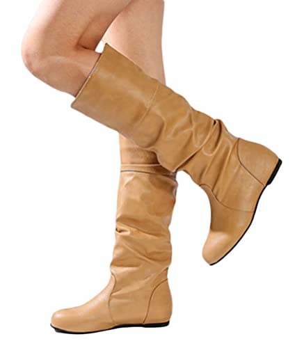 Onsoyours Stiefel Frauen Langer Knöchel Slip On Schuhe Langschaftstiefel Kniehoch Klassisch Stiefeletten mit Niedrigem Absatz Frauen Freizeitschuhe Winter Herbst Khaki 35 EU von Onsoyours