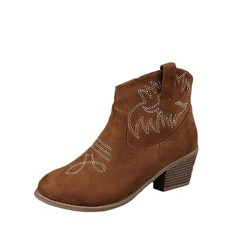 Onsoyours Stiefeletten Damen Herbst Winter Bestickt Leder Kurz Stiefel V Cut Out Zipper Ankle Boots Vintage Comfort Chunkyrayan Knöchel Schuhe Niedriger Absatz Cowboy Stiefel A Braun 41 EU von Onsoyours