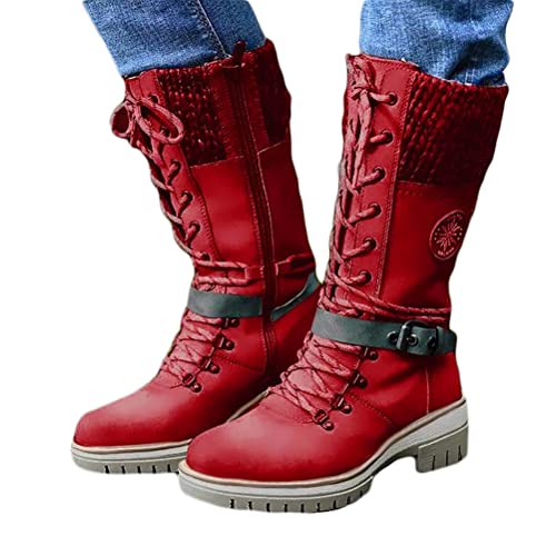 Onsoyours Stiefeletten Damen Modische Warm Lange Stiefel Für Frauen Herbst Winter Reitstiefel Western Stiefel aus Leder Boots Schneestiefel Rutschfest Stiefel Rot 38 EU von Onsoyours