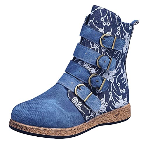 Onsoyours Stiefeletten Damen Westernstiefel Vintage Drucken Kurze Stiefel Retro Ethnischer Stil Stiefeletten Herbst und Winter Damenschuhe Boots Blau 39 EU von Onsoyours