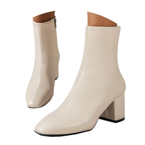 Onsoyours Stiefeletten Damen mit Blockabsatz PU Ankle Boots Stiefel Mit Reißverschluss Kurzstiefel Übergangsstiefel Bootie Elegante Damenstiefel B Beige 42 EU von Onsoyours
