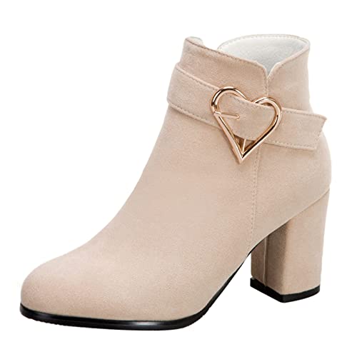 Onsoyours Stiefetetten Damen Ankle Boots mit Blockabsatz High Heels Anzugstiefel Höhe Ferse Runde Zehen Stiefeletten Zip Herbst Winter Stiefel Schnürstiefel A Beige 38 EU von Onsoyours