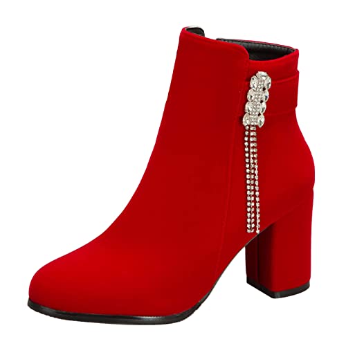 Onsoyours Stiefetetten Damen Ankle Boots mit Blockabsatz High Heels Anzugstiefel Höhe Ferse Runde Zehen Stiefeletten Zip Herbst Winter Stiefel Schnürstiefel D Rot 36 EU von Onsoyours