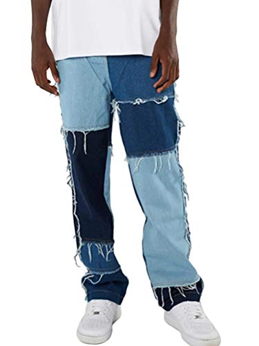 Onsoyours Straight Jeans Herren High Waist Hose Patchwork Jogginghose Farbblock Denim Hose Streetwear A Blau L von Onsoyours