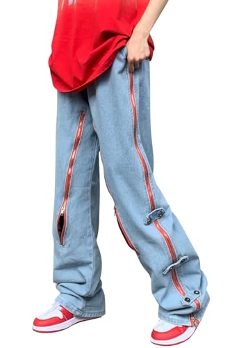 Onsoyours Straight Jeans Herren High Waist Hose Patchwork Jogginghose Farbblock Denim Hose Streetwear C01 Blau XL von Onsoyours