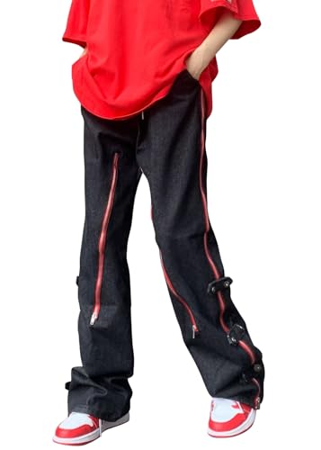 Onsoyours Straight Jeans Herren High Waist Hose Patchwork Jogginghose Farbblock Denim Hose Streetwear C01 Schwarz 3XL von Onsoyours