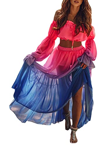 Onsoyours Strandkleid Damen Lang Strand Maxi Rock + Off Shoulder Oberteil Crop Top Sommerkleid Chiffon High Waist Bikini Cover Up Transparent Sommer Strand Bademode Outfit A Rosa M von Onsoyours