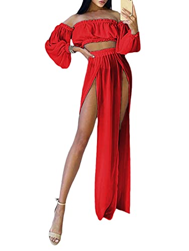 Onsoyours Strandkleid Damen Lang Strand Maxi Rock + Off Shoulder Oberteil Crop Top Sommerkleid Chiffon High Waist Bikini Cover Up Transparent Sommer Strand Bademode Outfit B Rot M von Onsoyours