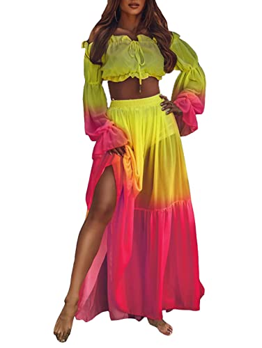 Onsoyours Strandkleid Damen Strand Boho Maxikleid + Off Shoulder Oberteil Crop Top Sommerkleid Chiffon Bikini Cover Up Transparent Sommer Strand Bademode Outfit A Gelb S von Onsoyours