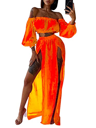Onsoyours Strandkleid Damen Strand Boho Maxikleid + Off Shoulder Oberteil Crop Top Sommerkleid Chiffon Bikini Cover Up Transparent Sommer Strand Bademode Outfit B Orange S von Onsoyours