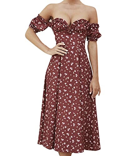 Onsoyours Strandkleider Damen Sexy Sommerkleid Boho Blumen Kleid Schulterfrei Ärmelloses Elegant Freizeitkleid Partylkleid F Rot XXL von Onsoyours
