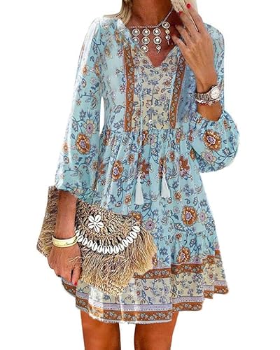 Onsoyours Strandkleider Damen Sommer Kurz Flowy Strand Blumen Kleider Floral A-Linie Swing Minikleid V-Ausschnitt Vintage Boho Sommerkleid A Blau S von Onsoyours