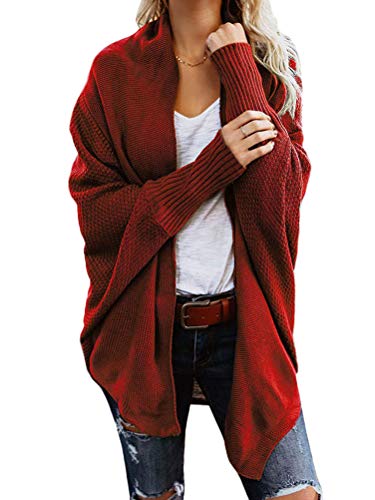 Onsoyours Strickjacke Damen Grobstrick Strickmantel Herbst Winter Cardigan Lange Ärmel Solid Color Casual Mantel Pullover Coat Open Front Sweater Rot 40 von Onsoyours
