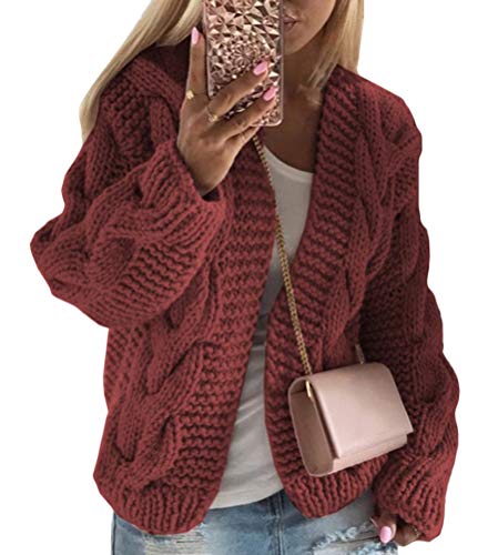 Onsoyours Strickjacke Damen Grobstrick Strickmantel Strickcardigan Damen Herbst Winter Casual Open Front Sweater Cardigan Cover Up Solid Color Outwear Rot M von Onsoyours
